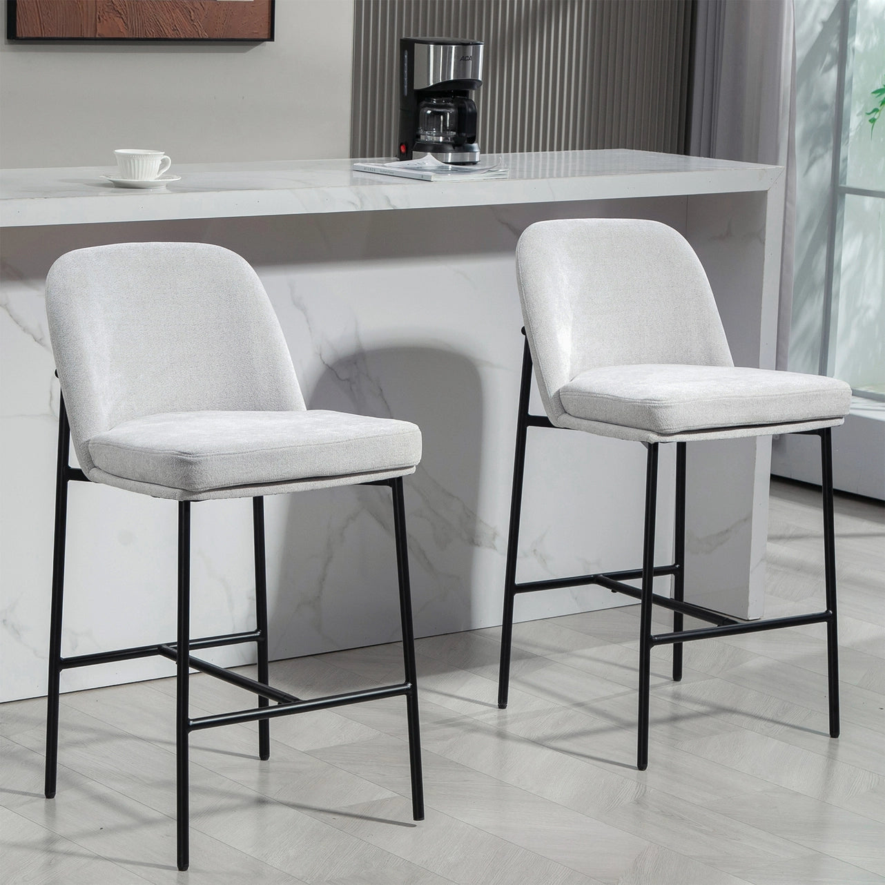 Set of 2 Belisma Gray Fabric Counter Stool with Metal Legs