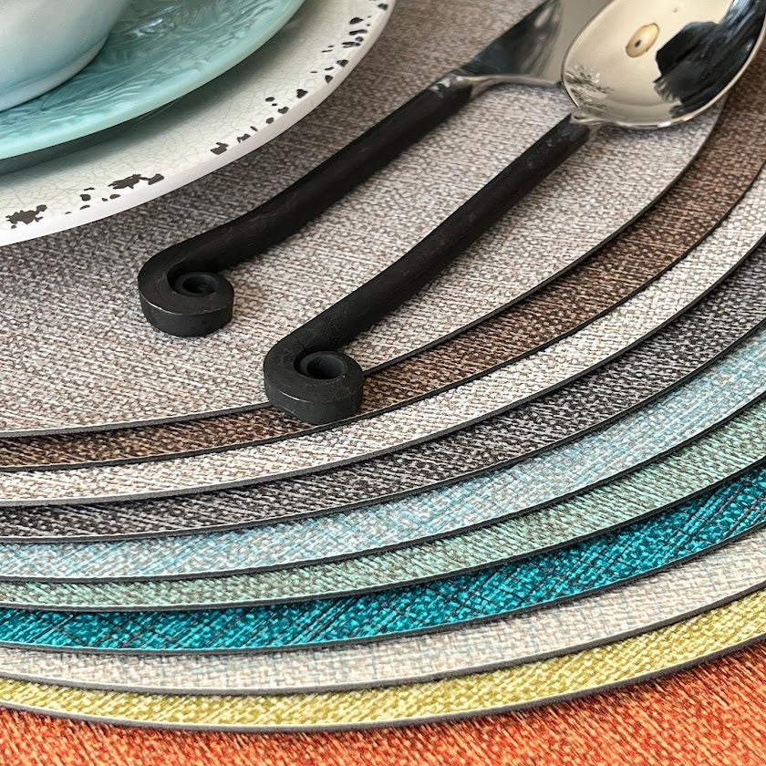 Set of 6 Fabric & Copper Round Luxe Placemats Vinyl