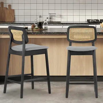 Set of 2 Azuka Fabric Counter Stools with Rattan Back
