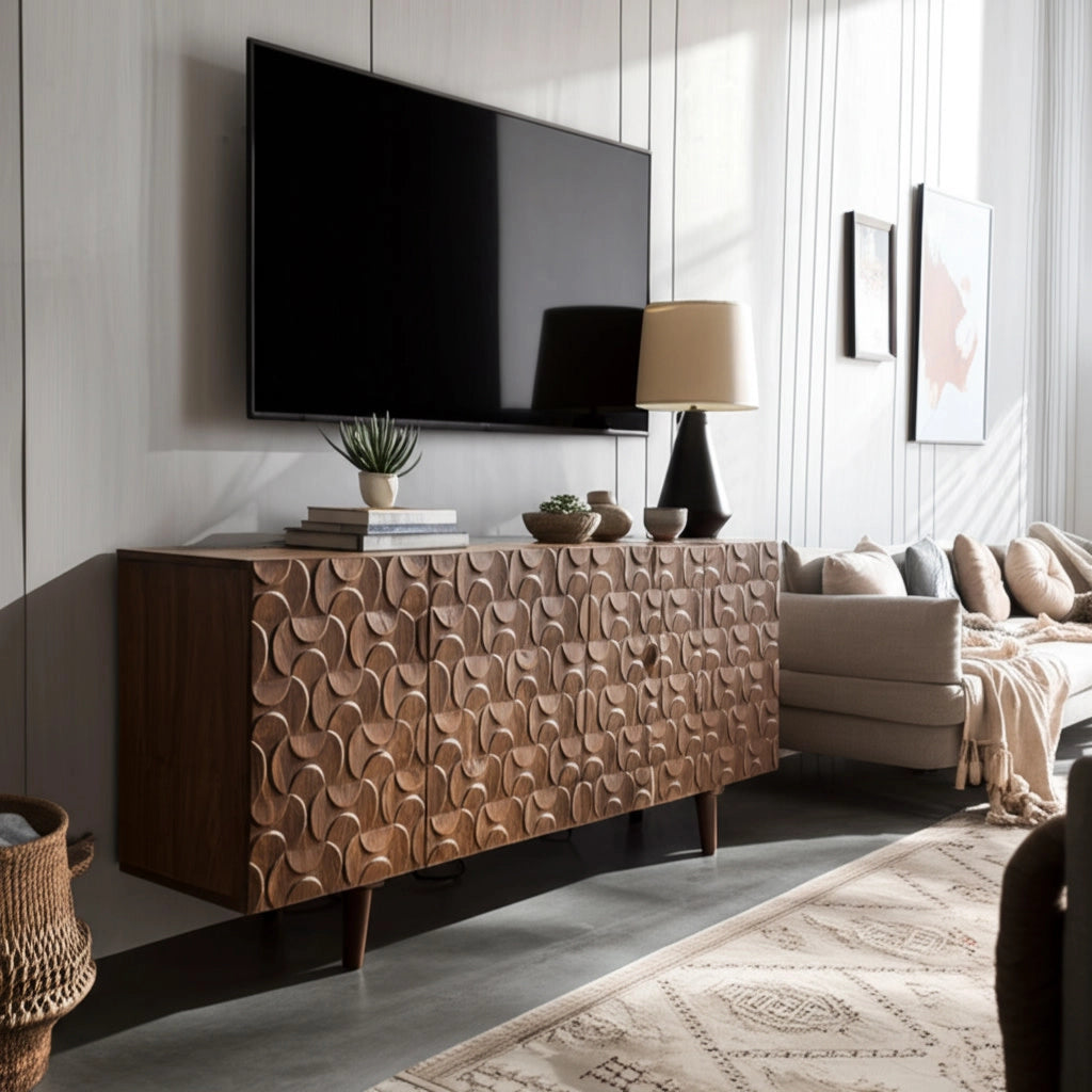 Wood Geometric Carved Front Finish Cabinet - Mango Brown