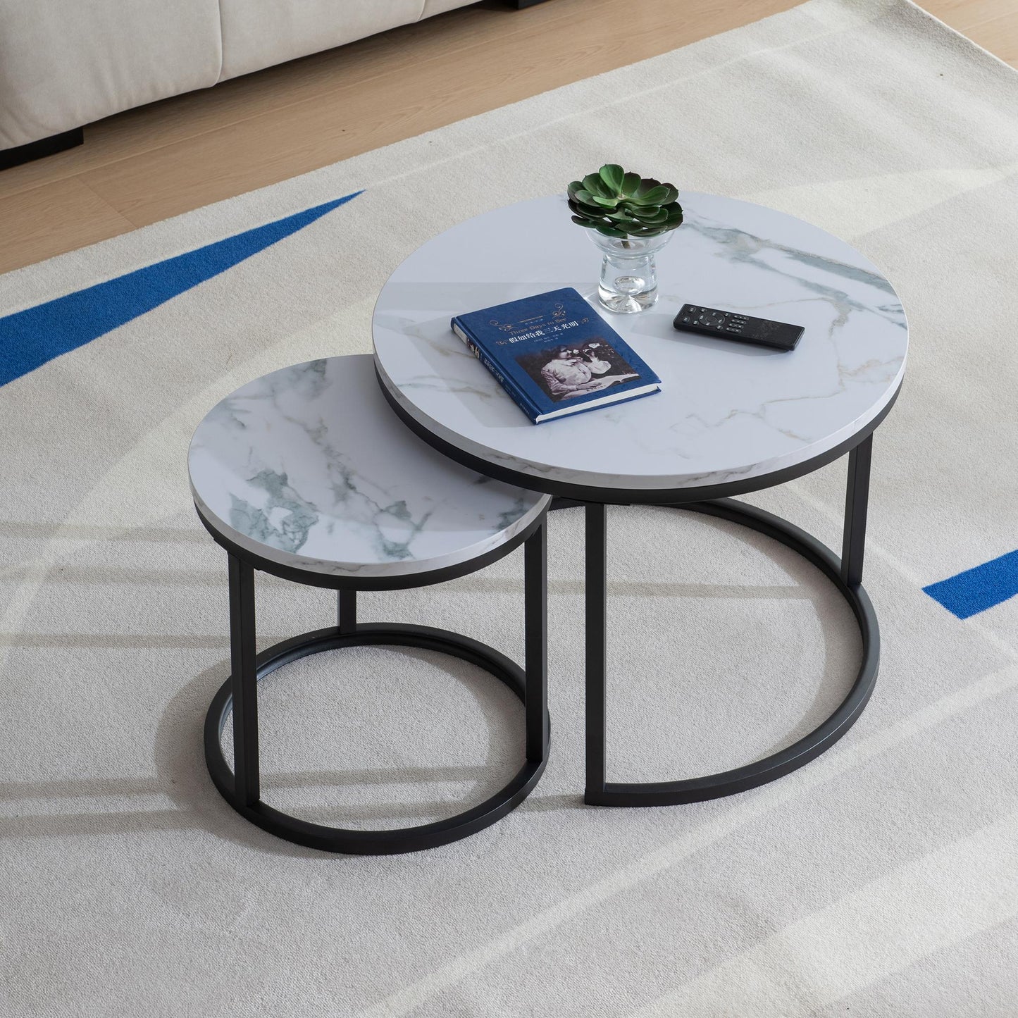 Black metal framed Modern Nesting Coffee Table with Marble Top