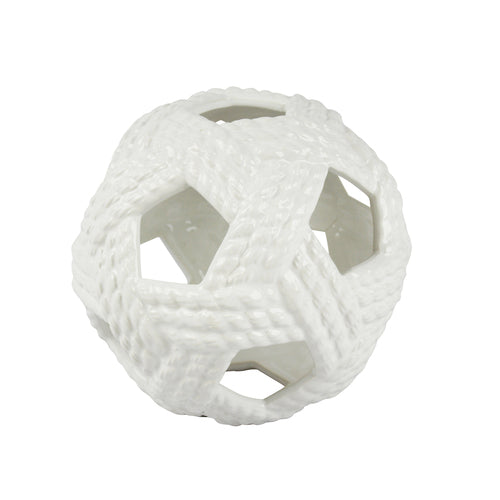 WHITE CERAMIC OPEN ROPE ORB 10"