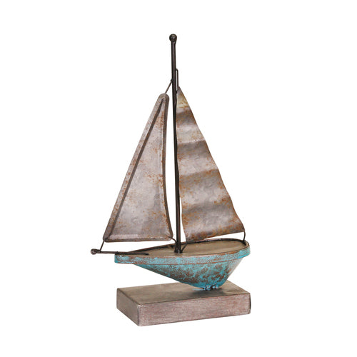TEAL/GALVANIZED METAL SAILBOAT, 8.25"