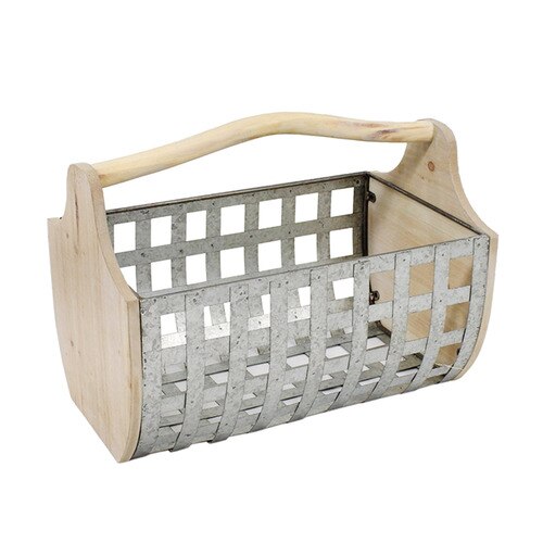 TIN & WOOD WOVEN BASKET, GRAY