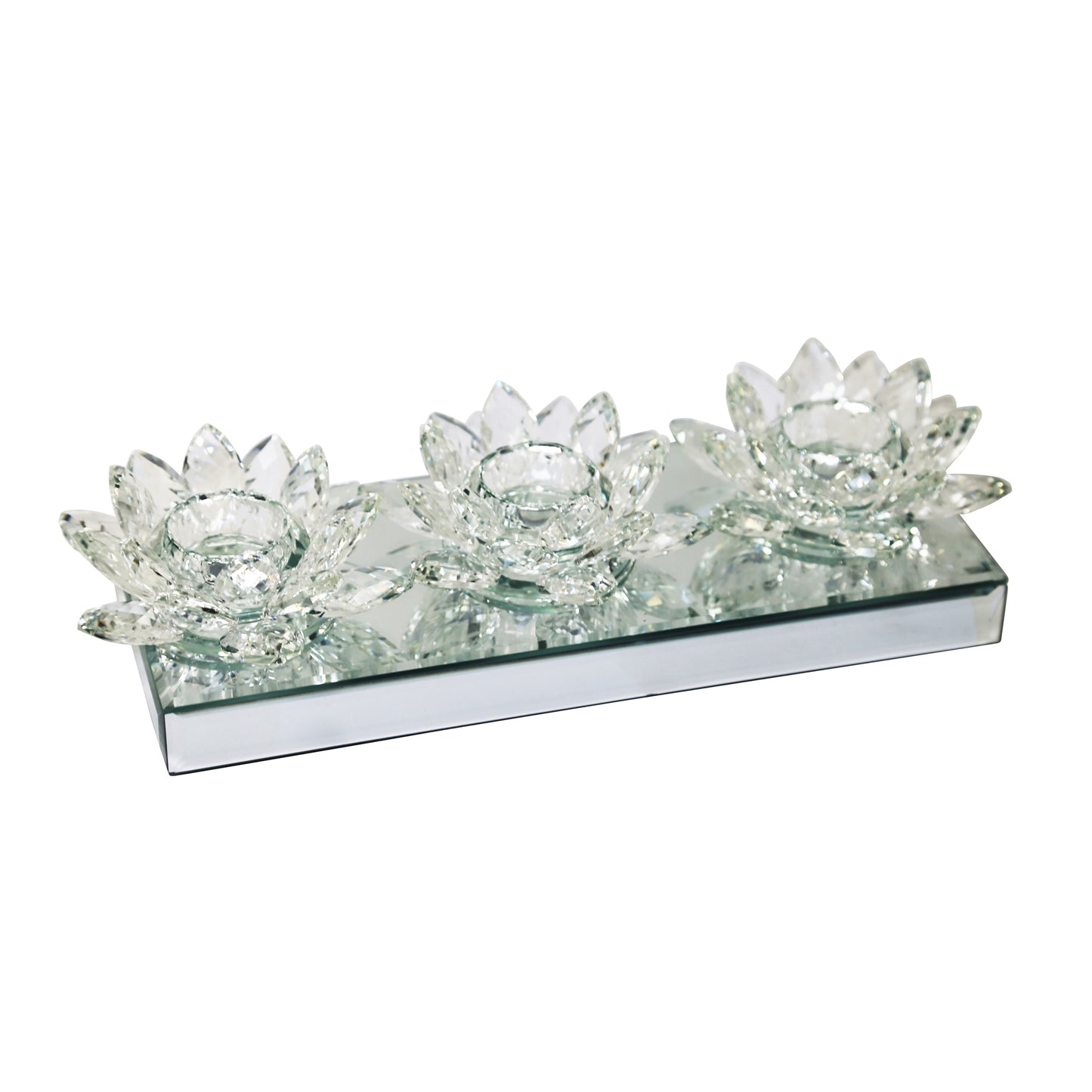 TRIPLE LOTUS TEALIGHT HOLDERON MIRROR BASE,CLEAR