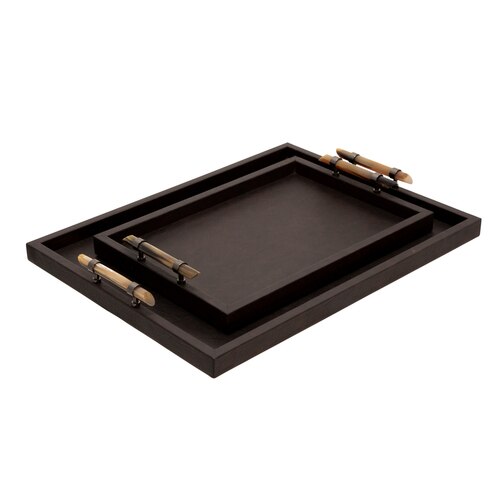WOOD S/2 14/18" FAUX LEATHER TRAY, BROWN