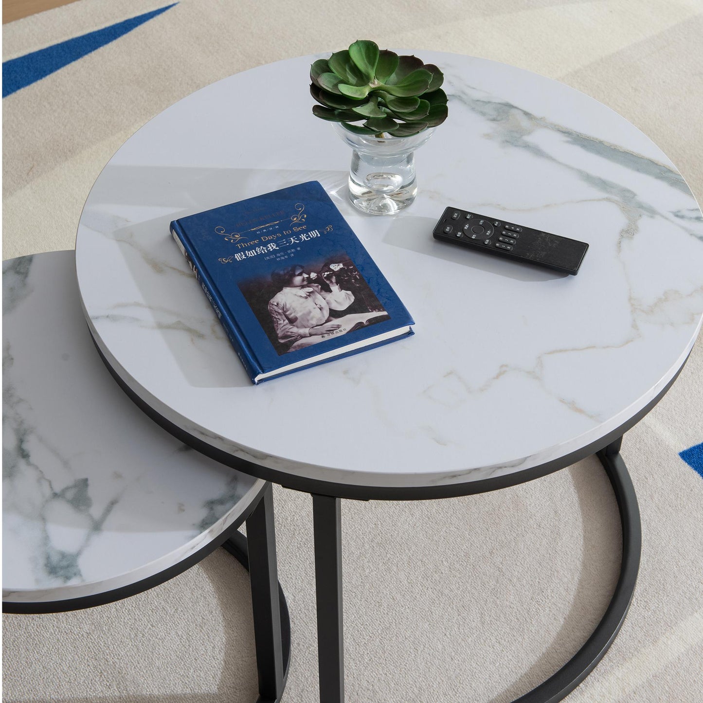 Black metal framed Modern Nesting Coffee Table with Marble Top