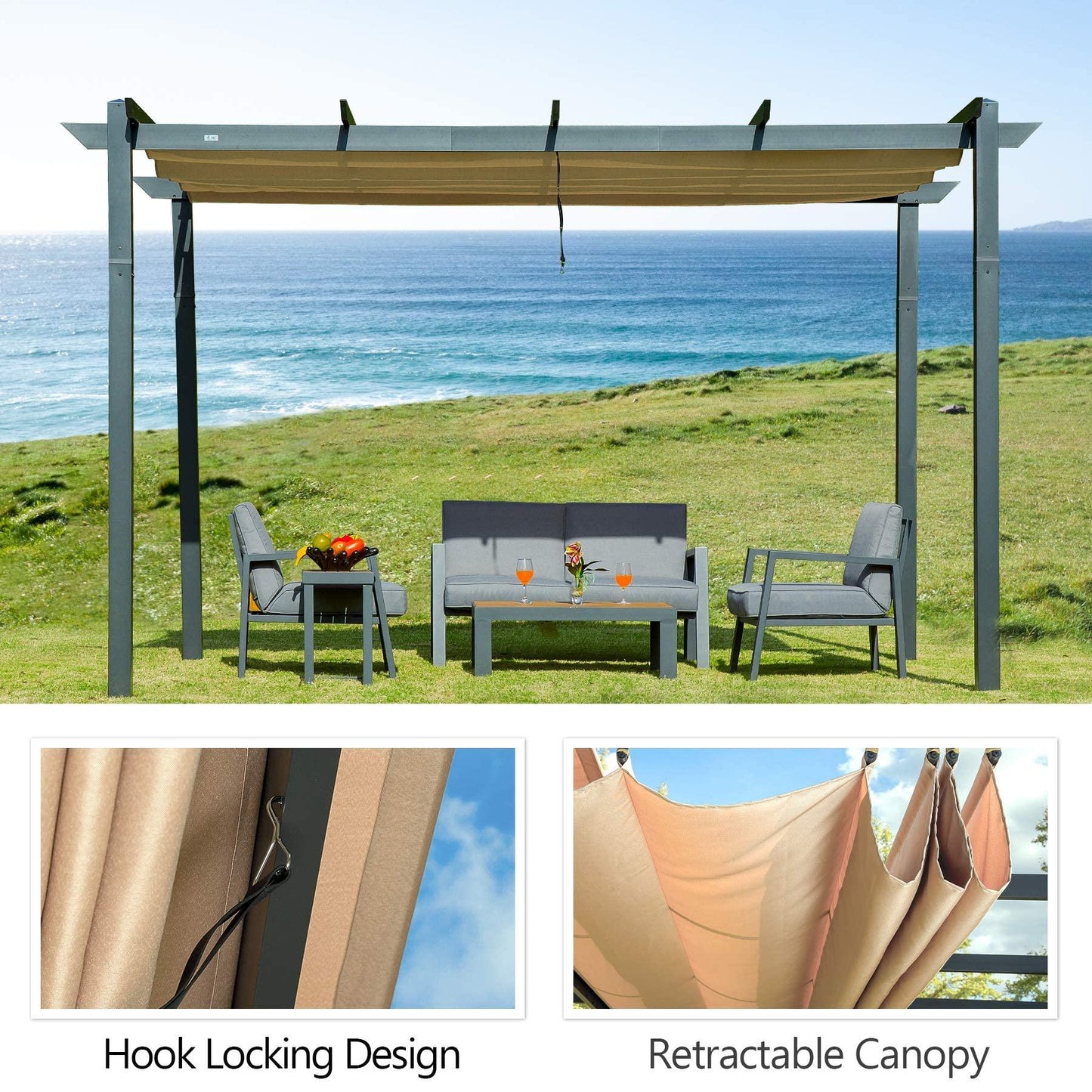 Domi Outdoor Living Outdoor Retractable Pergola with Weather-Resistant Canopy Aluminum