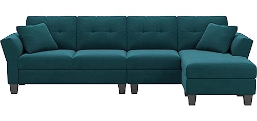 Sectional Couch Velvet L Shaped Sofa 4 Seat Sofa with Chaise L-Shaped Couches Reversible Sectional Sofa Grey
