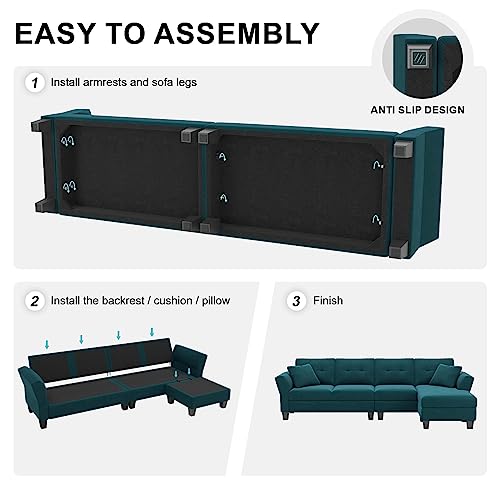 Sectional Couch Velvet L Shaped Sofa 4 Seat Sofa with Chaise L-Shaped Couches Reversible Sectional Sofa Grey