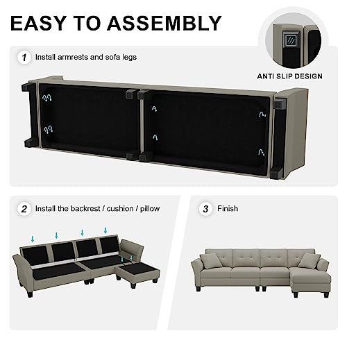 Sectional Couch Velvet L Shaped Sofa 4 Seat Sofa with Chaise L-Shaped Couches Reversible Sectional Sofa Grey