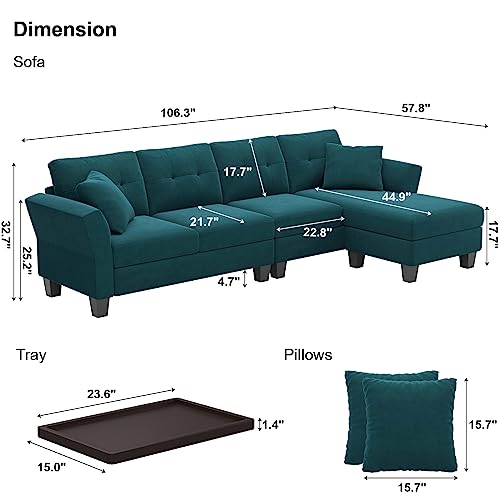 Sectional Couch Velvet L Shaped Sofa 4 Seat Sofa with Chaise L-Shaped Couches Reversible Sectional Sofa Grey