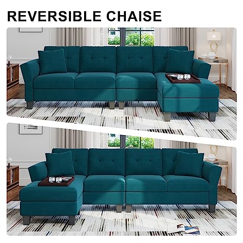 Sectional Couch Velvet L Shaped Sofa 4 Seat Sofa with Chaise L-Shaped Couches Reversible Sectional Sofa Grey