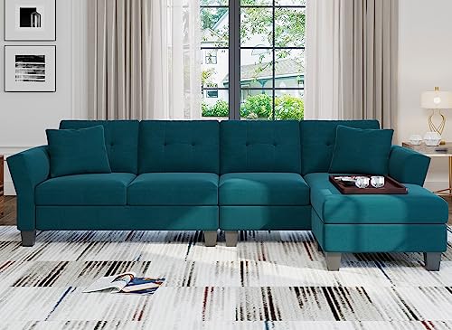 Sectional Couch Velvet L Shaped Sofa 4 Seat Sofa with Chaise L-Shaped Couches Reversible Sectional Sofa Grey