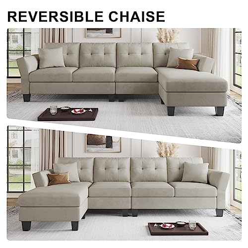 Sectional Couch Velvet L Shaped Sofa 4 Seat Sofa with Chaise L-Shaped Couches Reversible Sectional Sofa Grey