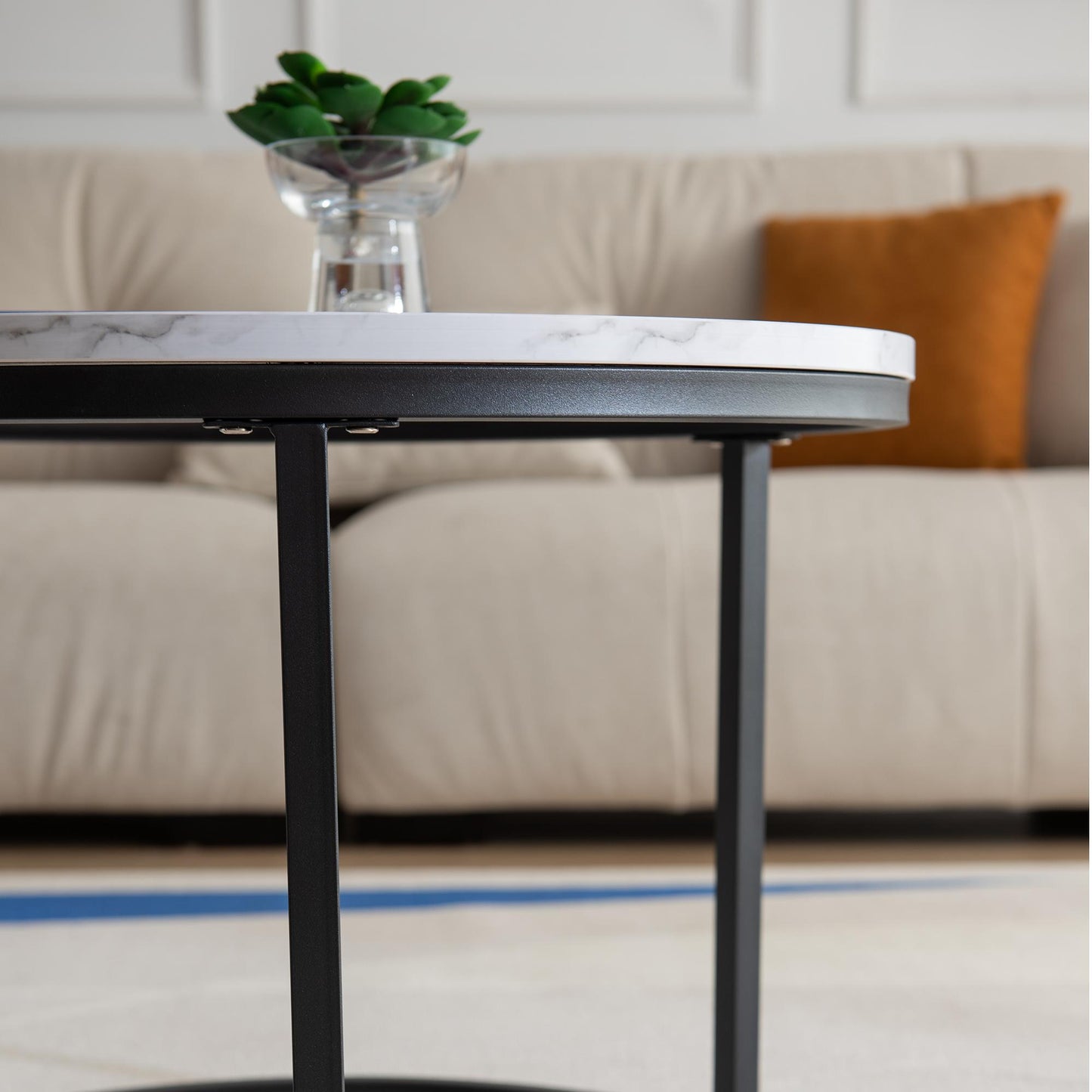 Black metal framed Modern Nesting Coffee Table with Marble Top