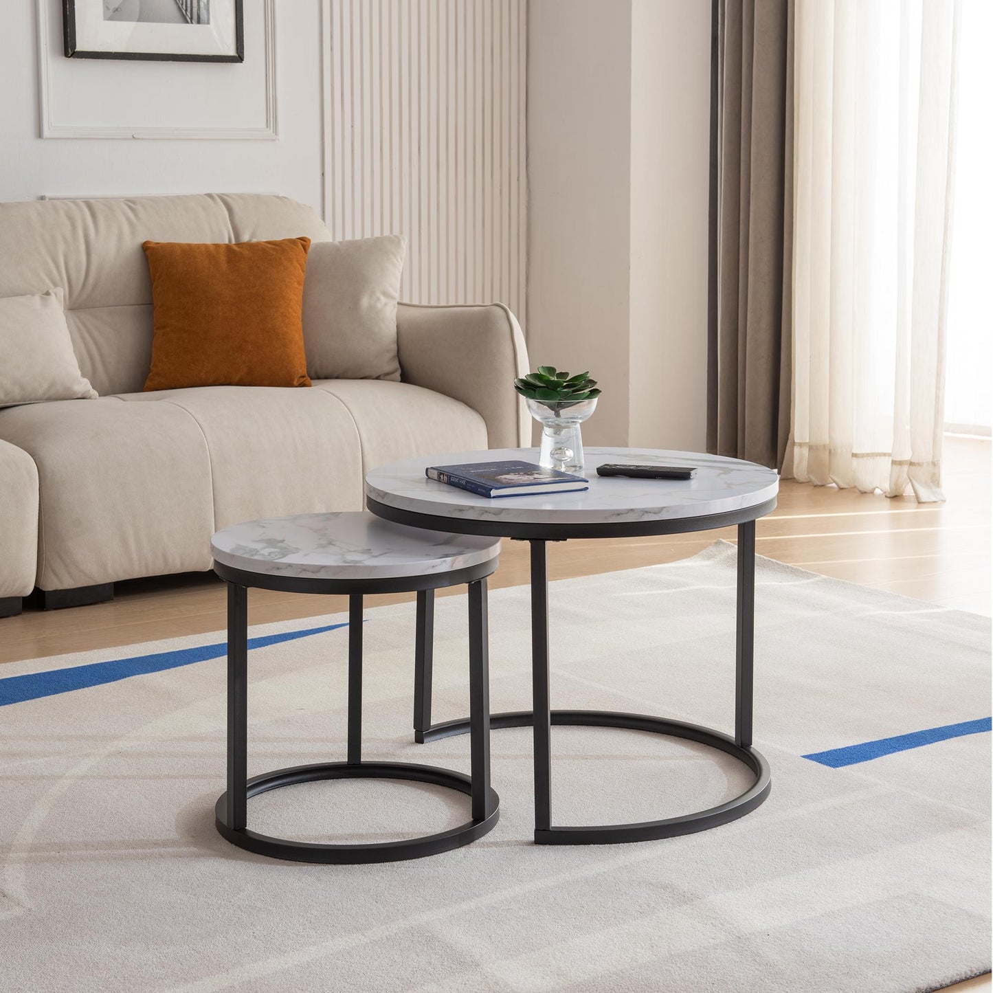 Black metal framed Modern Nesting Coffee Table with Marble Top