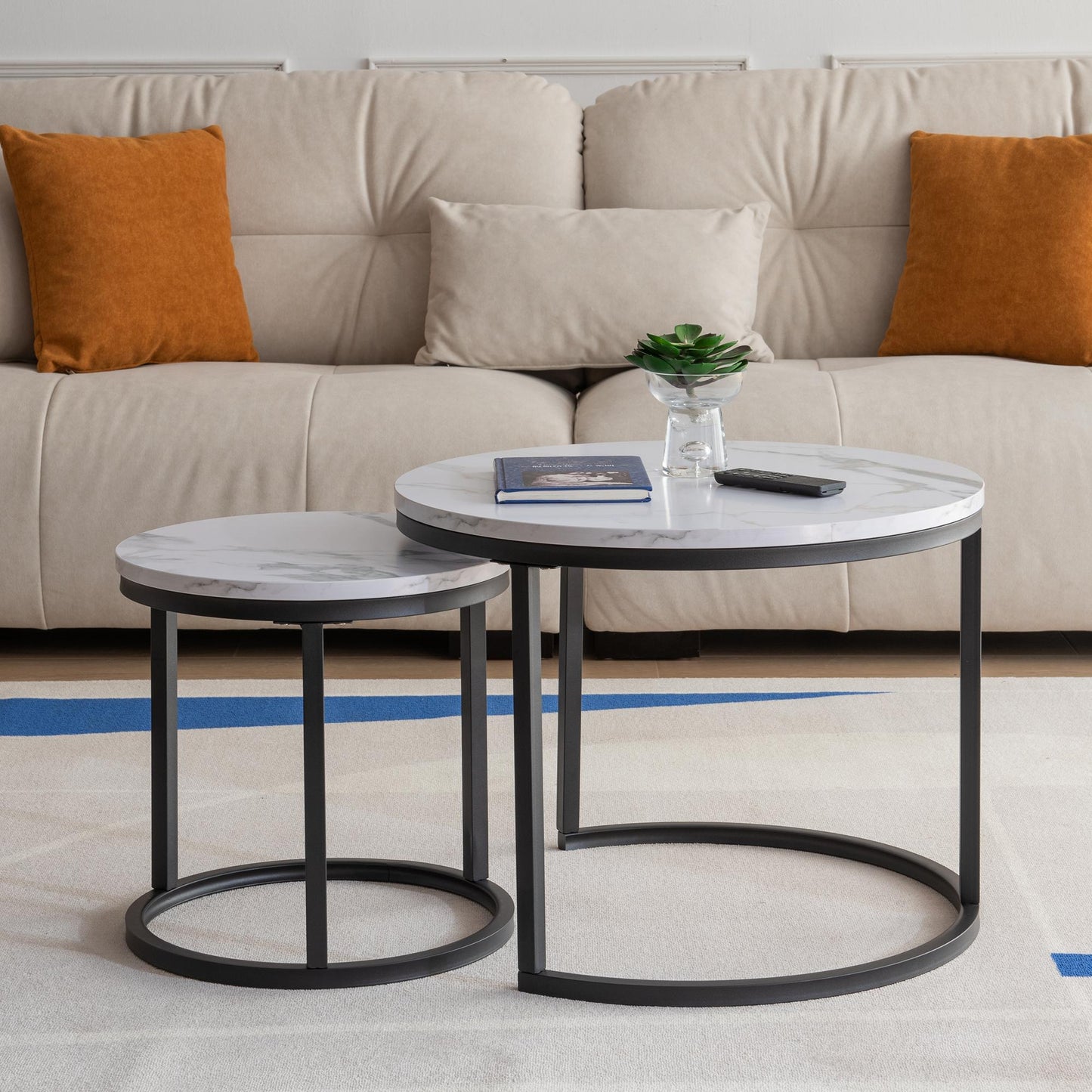 Black metal framed Modern Nesting Coffee Table with Marble Top