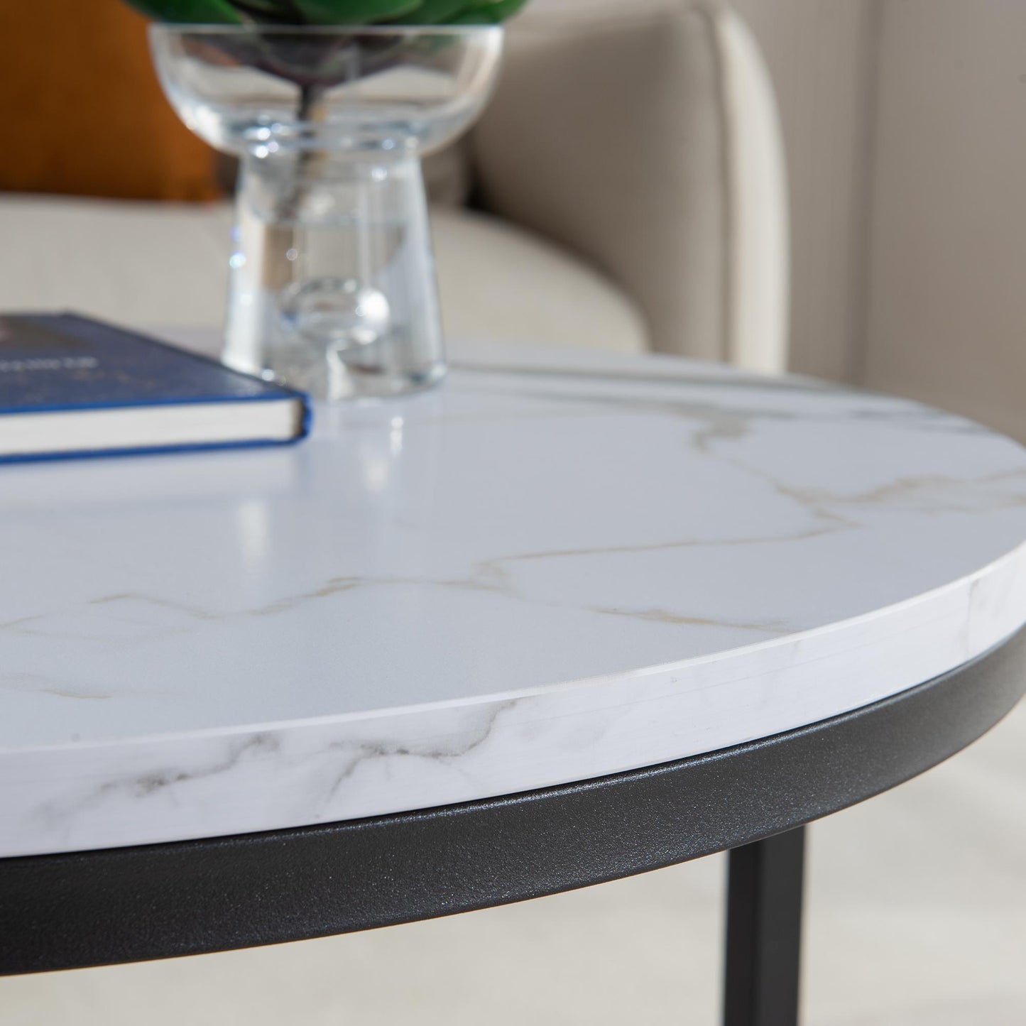 Black metal framed Modern Nesting Coffee Table with Marble Top
