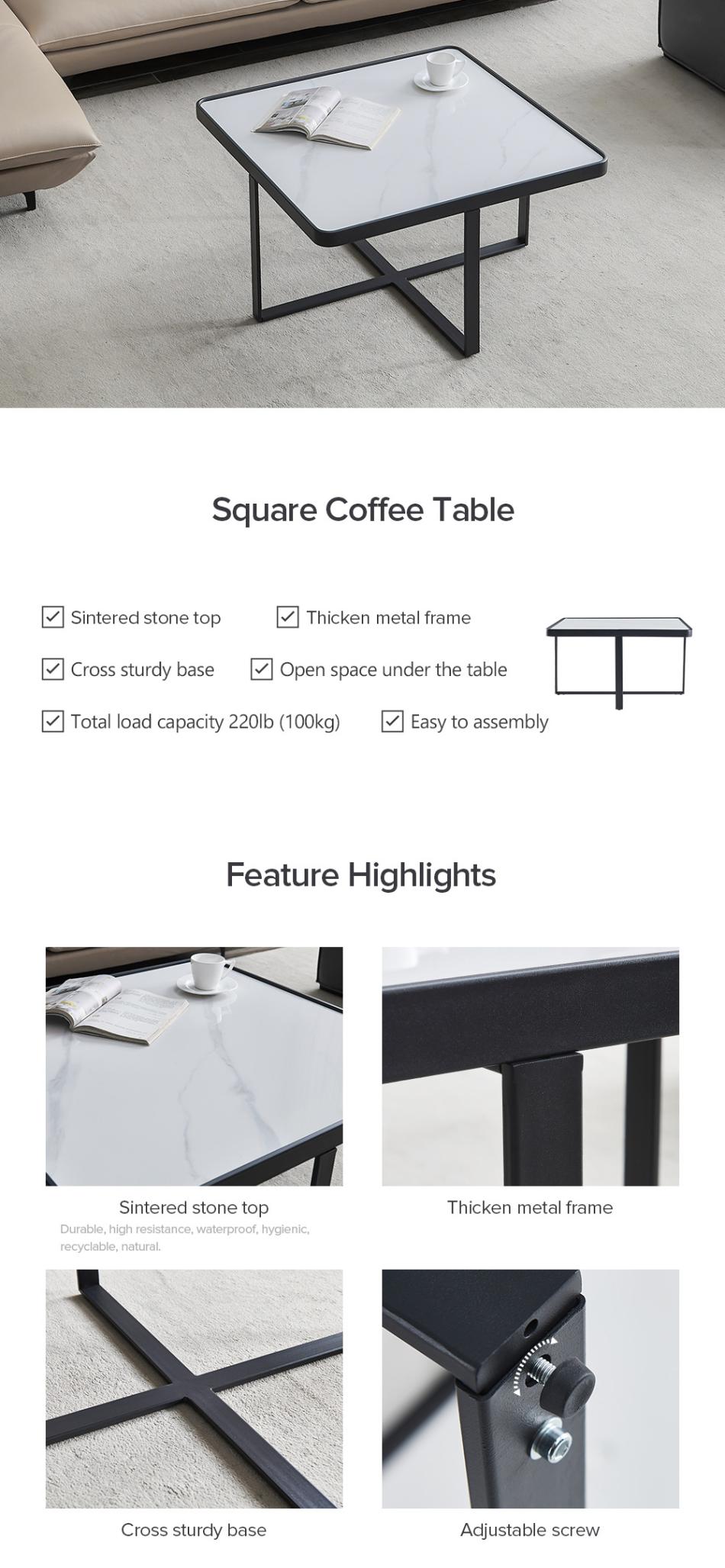 Minimalism Square coffee table,Black metal frame with sintered stone tabletop