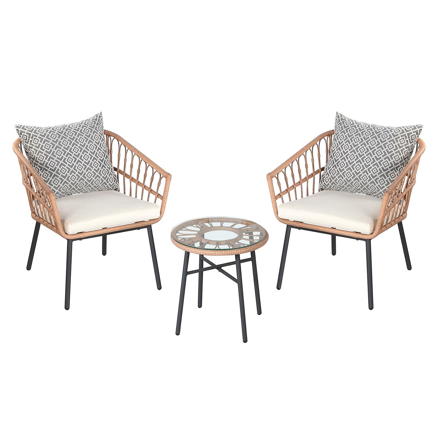 3-Piece Metal Outdoor Patio Bistro Wicker Set with Turquoise Cushions