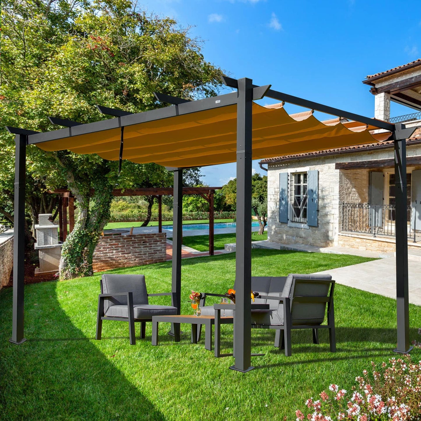 Domi Outdoor Living Outdoor Retractable Pergola with Weather-Resistant Canopy Aluminum