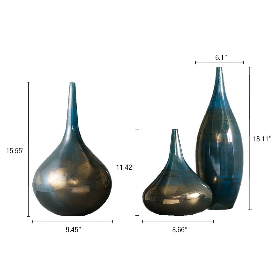 Aurora Blue and Bronze Decorative Glass Vases 3-piece set
