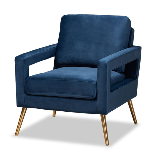 LELAND LUXE VELVET FABRIC UPHOLSTERED AND GOLD FINISHED ARMCHAIR