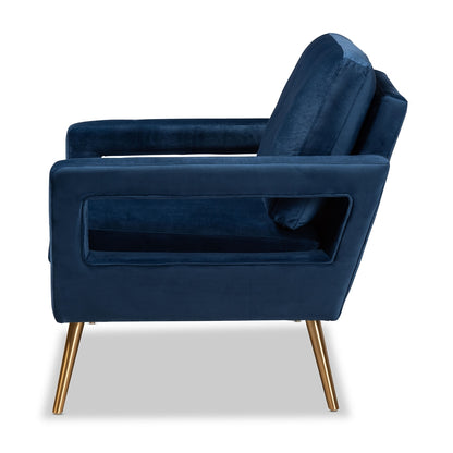 LELAND LUXE VELVET FABRIC UPHOLSTERED AND GOLD FINISHED ARMCHAIR