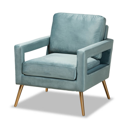 LELAND LUXE VELVET FABRIC UPHOLSTERED AND GOLD FINISHED ARMCHAIR