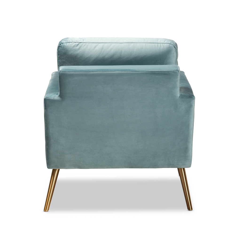 LELAND LUXE VELVET FABRIC UPHOLSTERED AND GOLD FINISHED ARMCHAIR