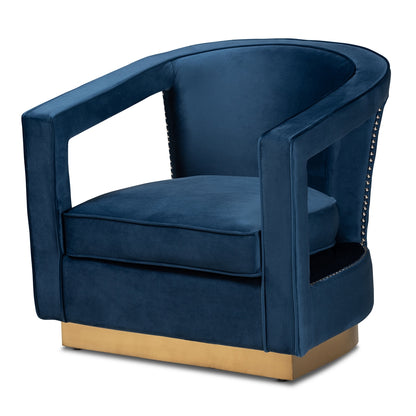 MODERN BLUE VELVET FABRIC UPHOLSTERED AND GOLD FINISHED METAL ARMCHAIR