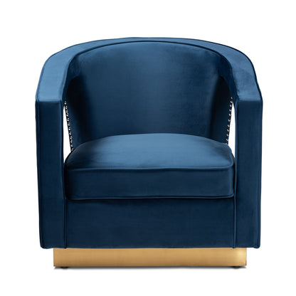 MODERN BLUE VELVET FABRIC UPHOLSTERED AND GOLD FINISHED METAL ARMCHAIR