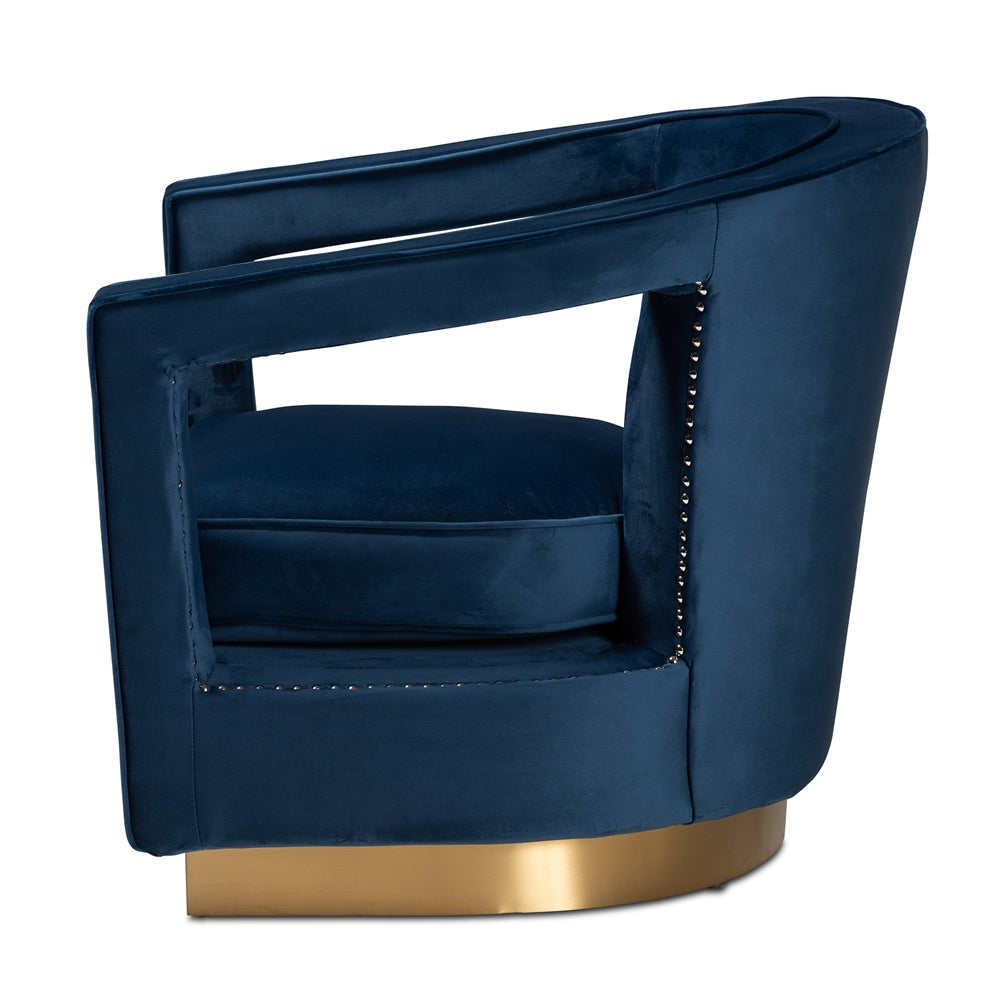 MODERN BLUE VELVET FABRIC UPHOLSTERED AND GOLD FINISHED METAL ARMCHAIR