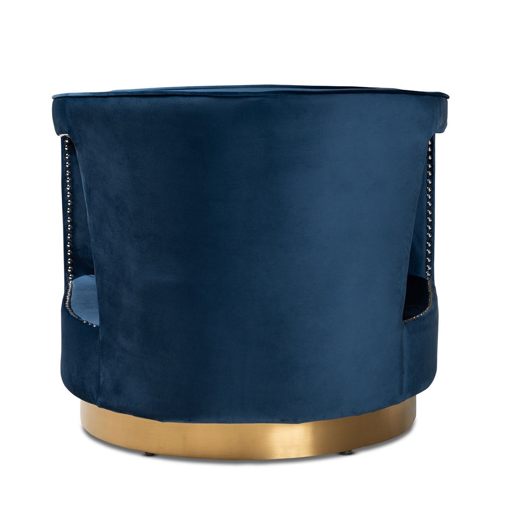 MODERN BLUE VELVET FABRIC UPHOLSTERED AND GOLD FINISHED METAL ARMCHAIR
