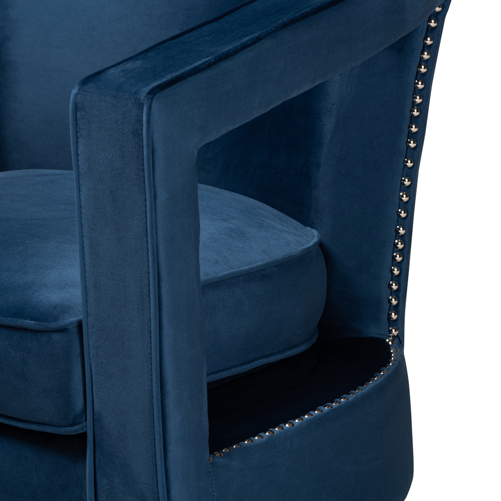 MODERN BLUE VELVET FABRIC UPHOLSTERED AND GOLD FINISHED METAL ARMCHAIR