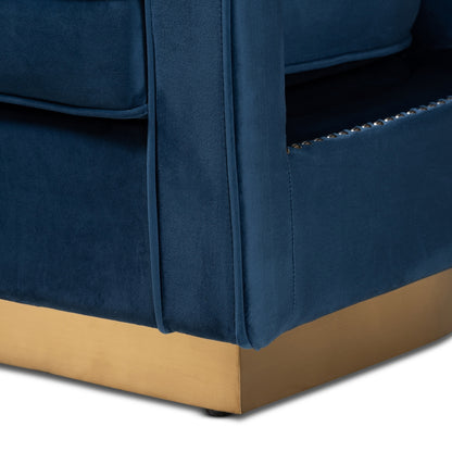 MODERN BLUE VELVET FABRIC UPHOLSTERED AND GOLD FINISHED METAL ARMCHAIR