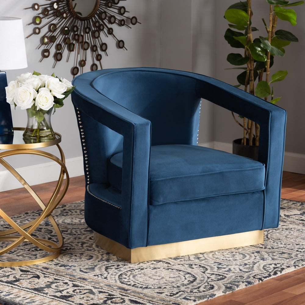 MODERN BLUE VELVET FABRIC UPHOLSTERED AND GOLD FINISHED METAL ARMCHAIR