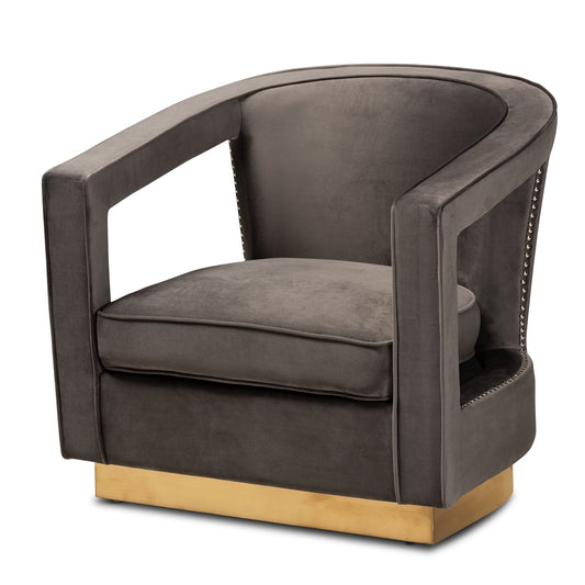 MODERN GREY VELVET FABRIC UPHOLSTERED AND GOLD FINISHED METAL ARM CHAIR