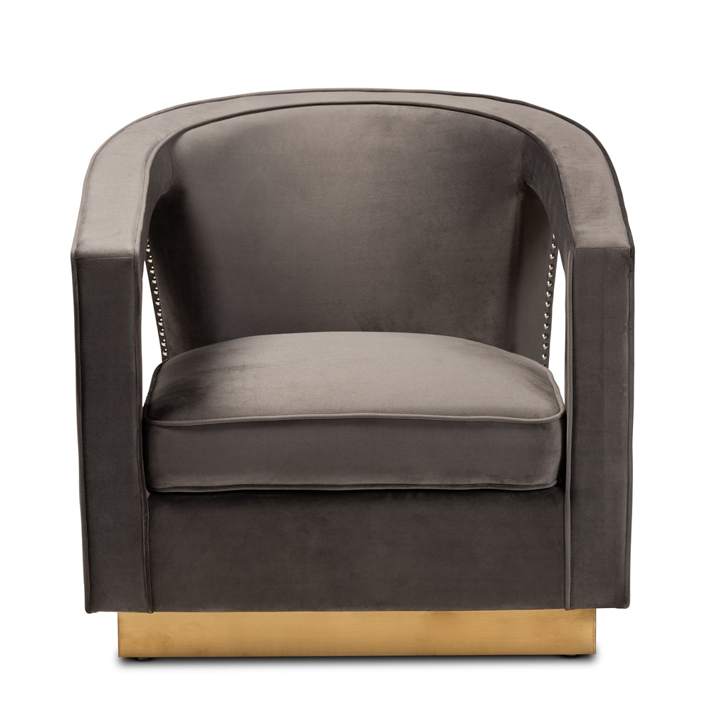 MODERN GREY VELVET FABRIC UPHOLSTERED AND GOLD FINISHED METAL ARM CHAIR