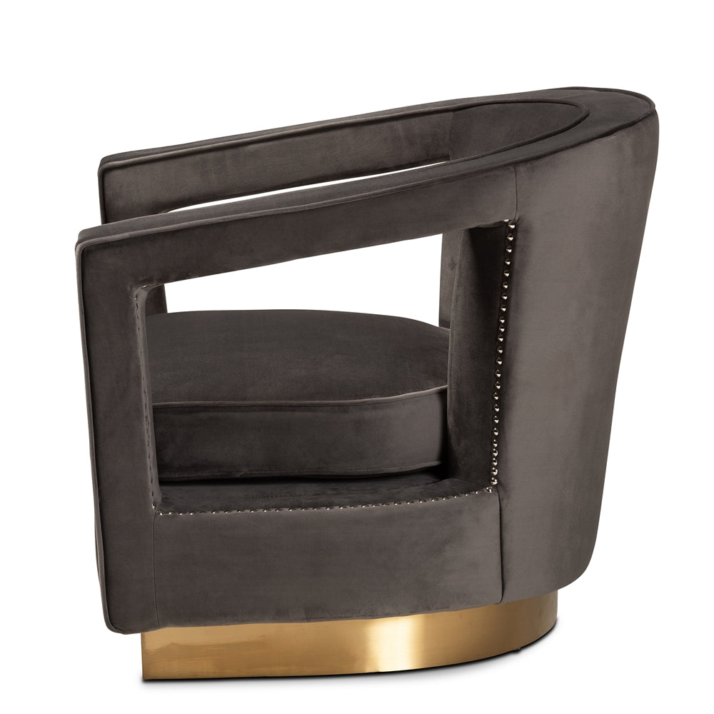 MODERN GREY VELVET FABRIC UPHOLSTERED AND GOLD FINISHED METAL ARM CHAIR