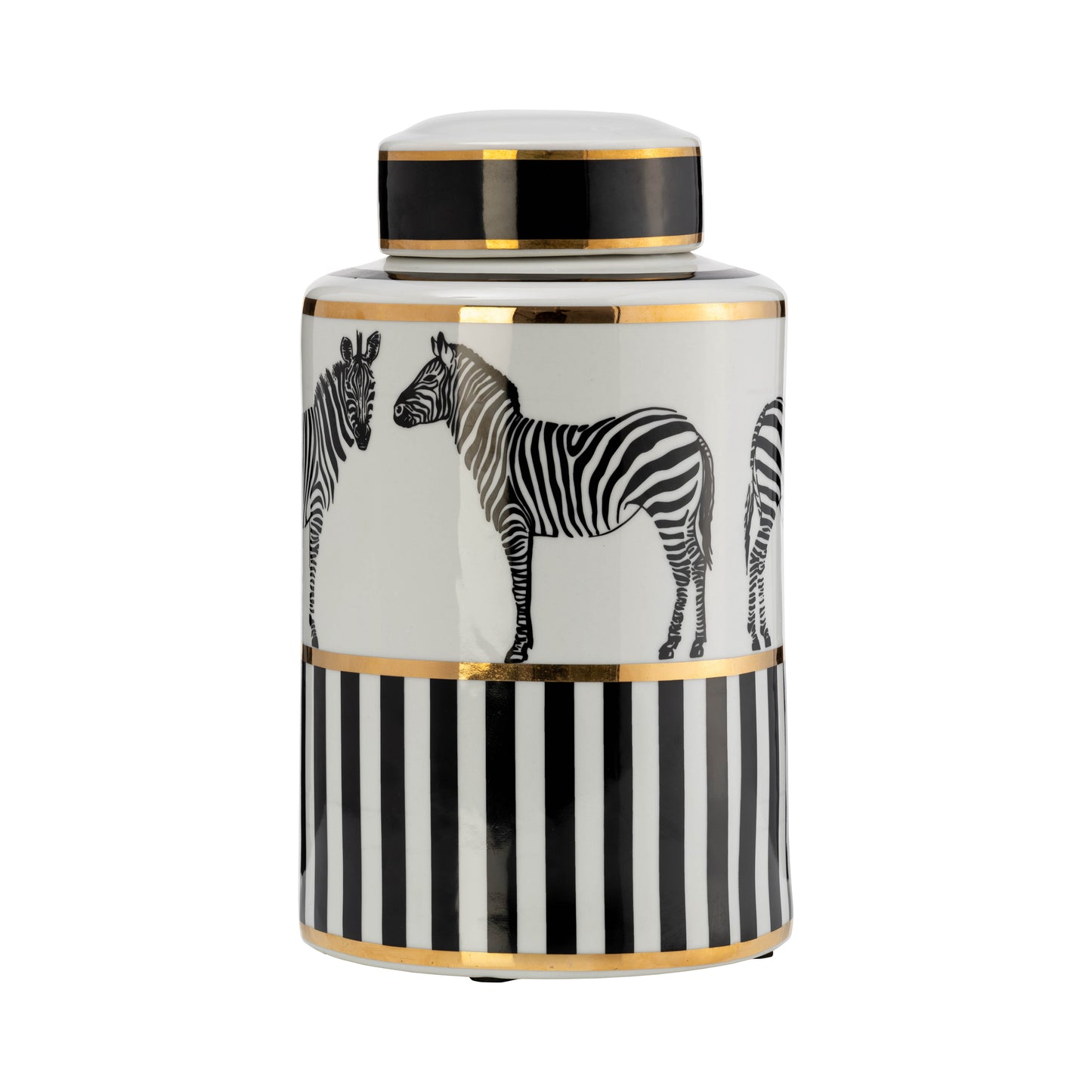 Zebra Jar W/ Lid, White/Gold