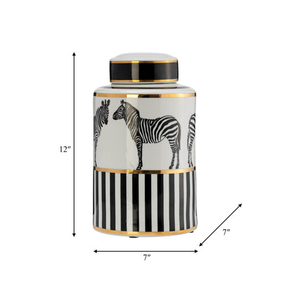 Zebra Jar W/ Lid, White/Gold
