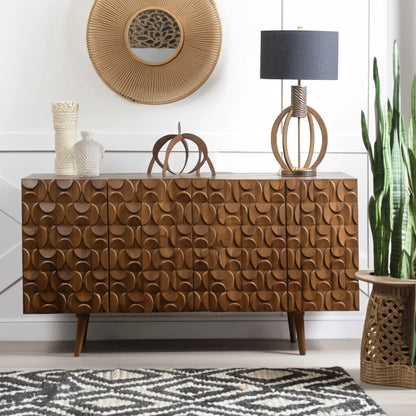 Wood Geometric Carved Front Finish Cabinet - Mango Brown