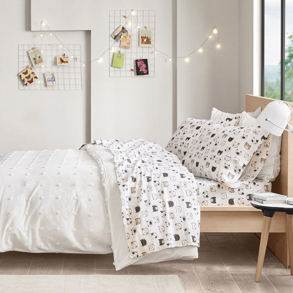 Grey/Pink Cats Soft Cotton Flannel Printed Sheet Set