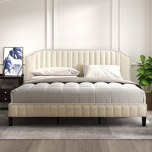 Modern Linen Curved Upholstered Platform Bed