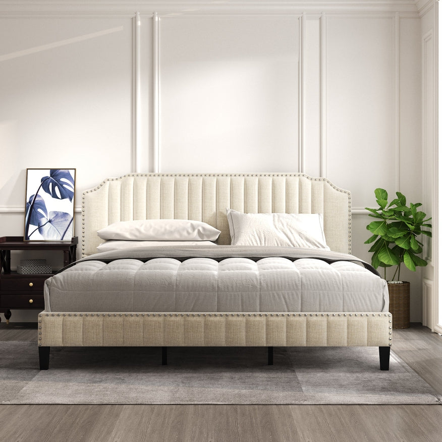 Modern Linen Curved Upholstered Platform Bed