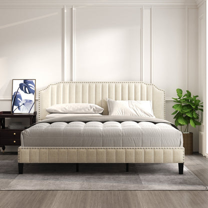 Modern Linen Curved Upholstered Platform Bed