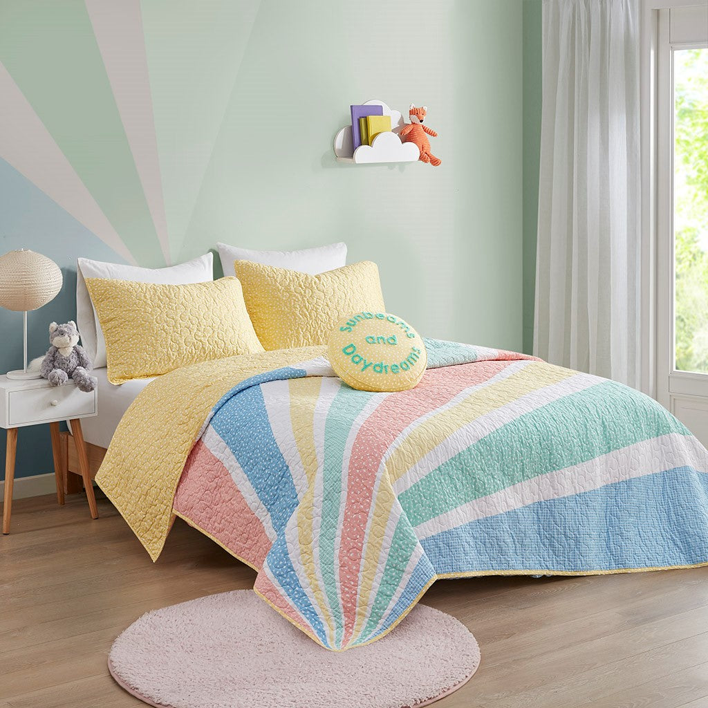 Rory Rainbow Sunburst Reversible Cotton Quilt Set with Throw Pillow