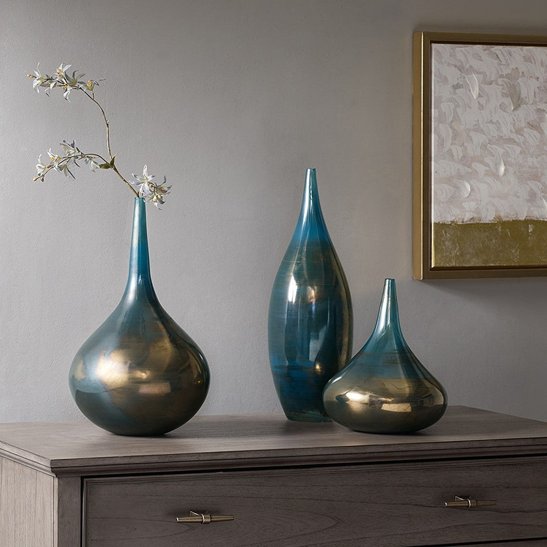 Aurora Blue and Bronze Decorative Glass Vases 3-piece set